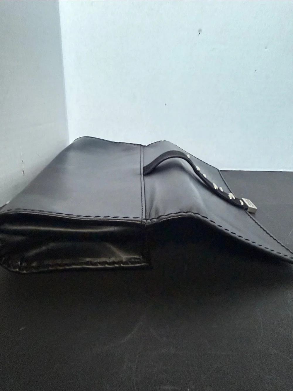 Vintage Black Leather Clutch with Stud-Accent